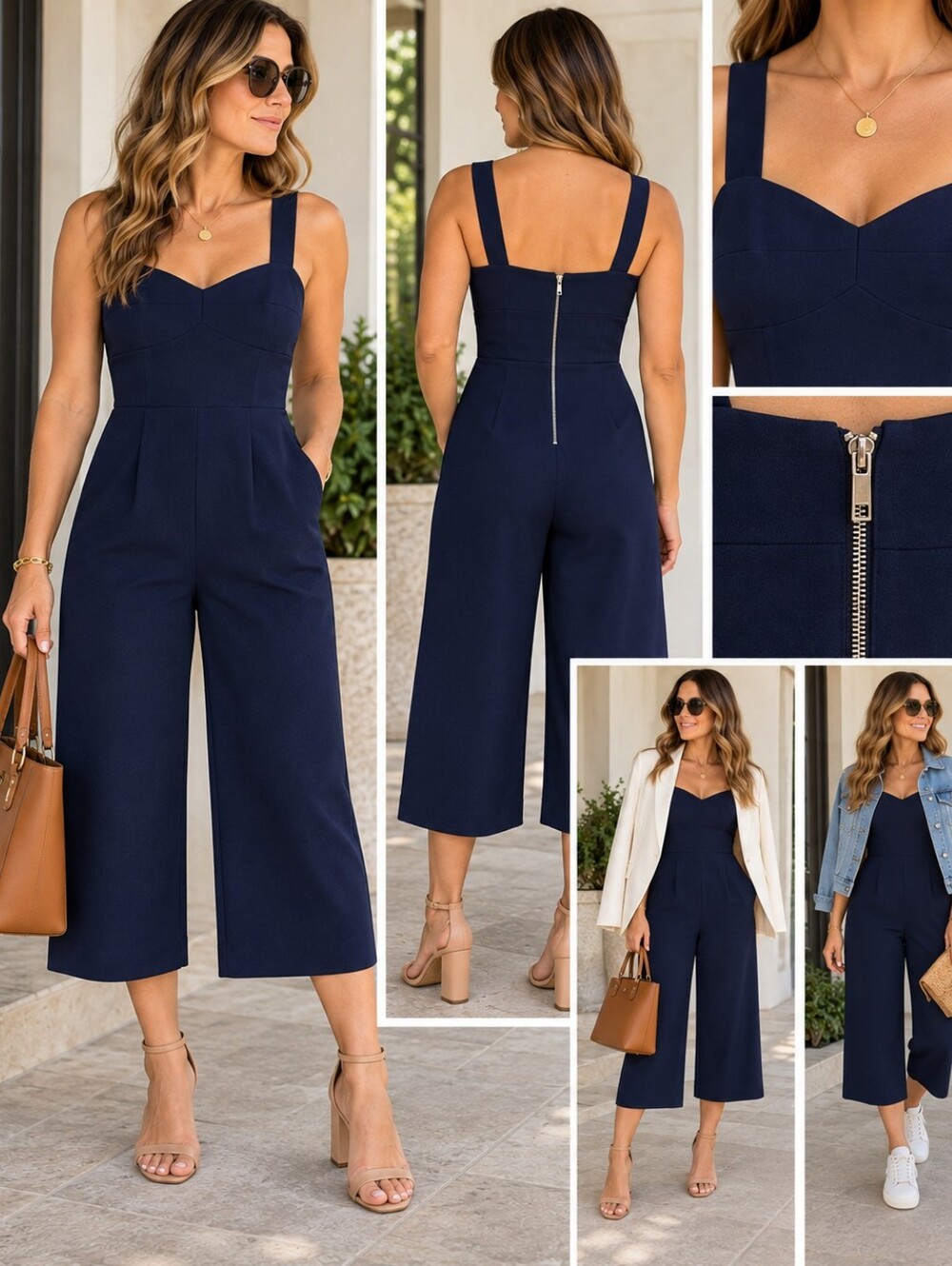 Nicole Miller Atelier Navy Blue Wide Leg Cropped Jumpsuit Sweetheart Neck, 2